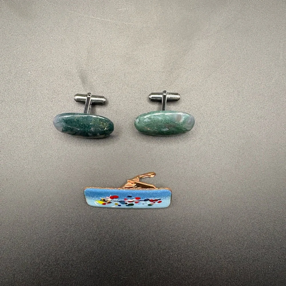 Vintage Moss Agate Style Cufflinks Art Glass Tie Bar Mens Jewelry Lot Retro